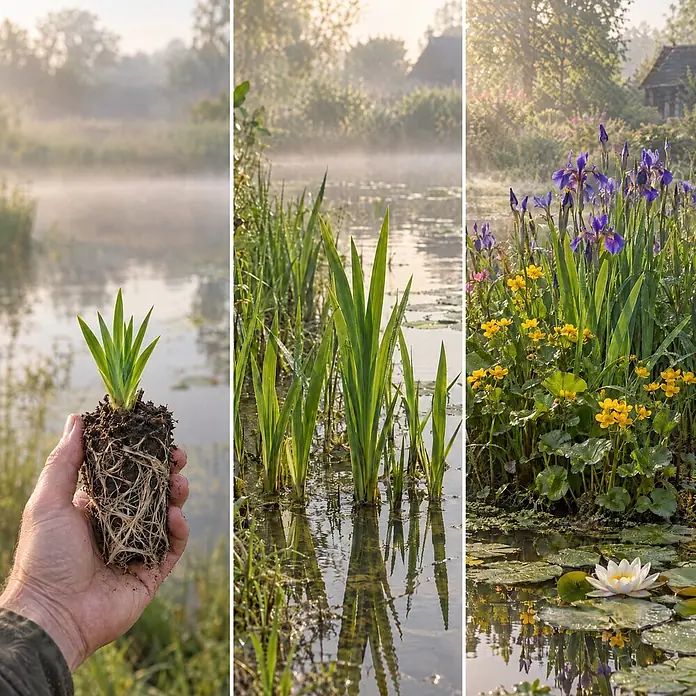 Blaue Sumpf-Schwertlilie Iris Kaempferi Teich - 4 Pflanzen mit Korb & -  - Entwicklung von Wasserpflanzen: Hand hält junge Pflanze, dann Wachstum und schließlich blühende Schwertlilien & Sumpfdotterblumen in einem Feuchtgebiet.