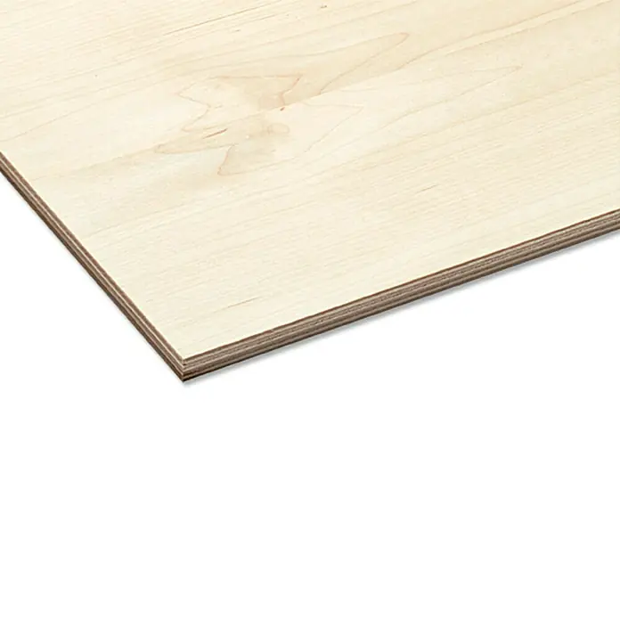 Multiplexplatte nach Maß - Birke, L x B: 3.000 x 1.500 mm, Stärke: 4 mm - Nahaufnahme einer hellen Holzplatte, die die Schichten und die natürliche Maserung des Sperrholzes hervorhebt. Perfekt für den Möbelbau.