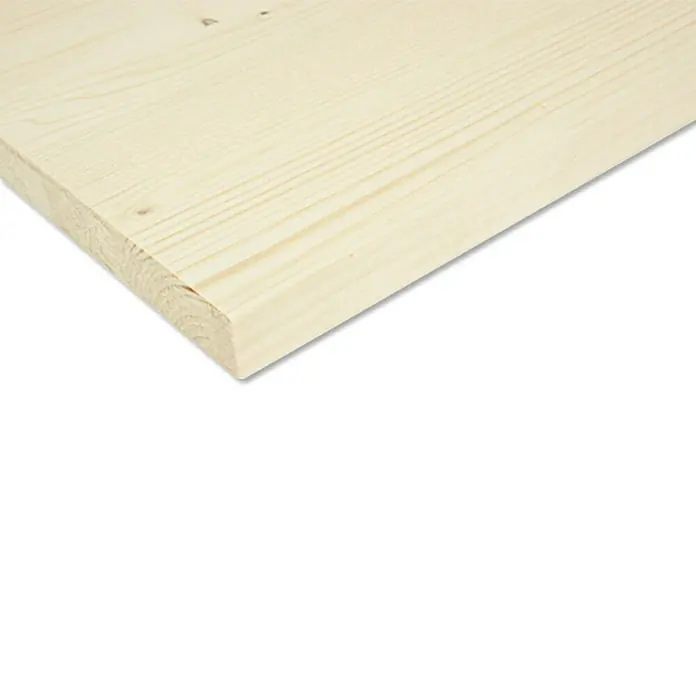 Leimholzplatte nach Maß - Fichte, Max. Zuschnittsbreite: 1.220 mm, Max. Zuschnittslänge: 2.500 mm, Stärke: 18 mm - Detailaufnahme einer hellen, unbehandelten Holzplatte mit sichtbarer Maserung, ideal für Möbelbau oder DIY-Projekte.