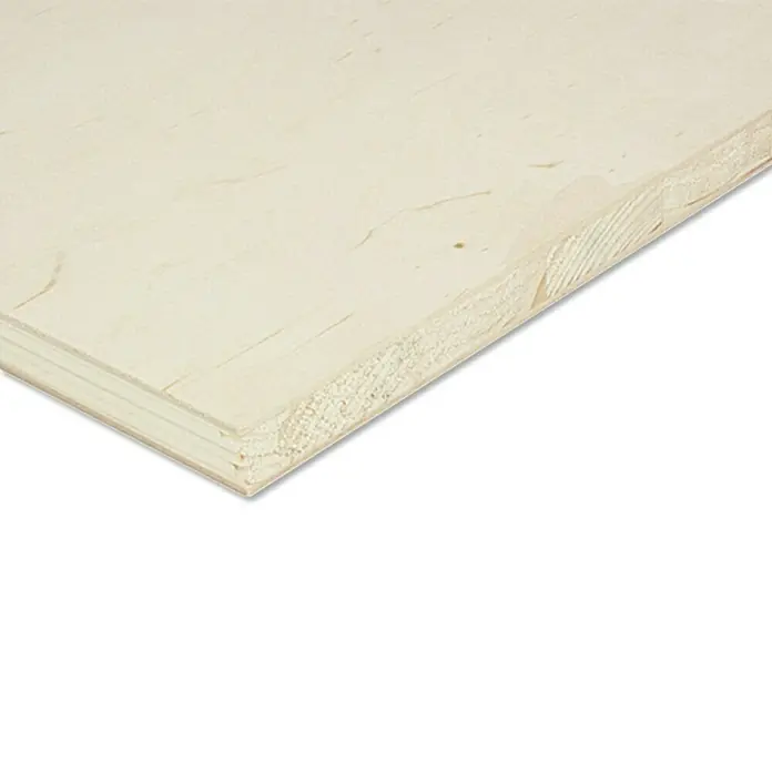Tischlerplatte nach Maß I - Birke, Erle, L x B: 2.500 x 1.250 mm, Stärke: 16 mm - Nahaufnahme einer einzelnen Platte unbehandelten Sperrholzes mit sichtbarer Holzmaserung und Schichtung, ideal für Heimwerkerprojekte.