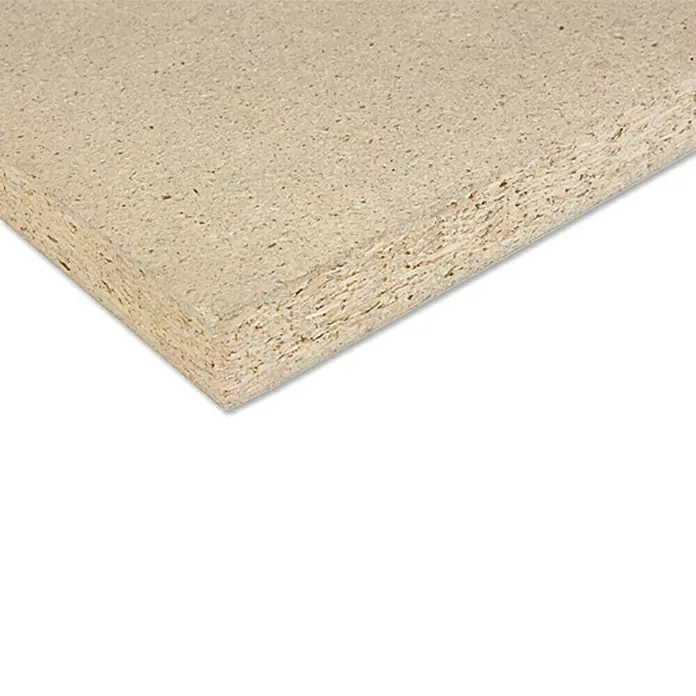 Rohspanplatte nach Maß - Stärke: 22 mm, L x B: 280 x 207 cm - Nahaufnahme einer Spanplatte, die die Textur und Zusammensetzung des Holzwerkstoffs zeigt.