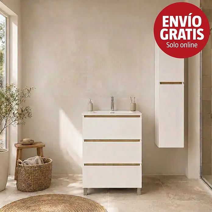 Conjunto de mueble de baño Noa con columna - Ancho total del mueble de baño: 60 cm, Blanco y roble, Mate - Mueble de baño blanco con tres cajones, detalles efecto madera, mueble de pared a juego y lavabo.