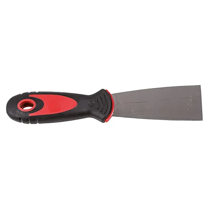 swingcolor Malerspachtel - Breite: 40 mm, Stahl, Material Griff: Kunststoff - Ein Spachtel mit schwarzem und rotem Griff und einer grauen Metallklinge, ideal zum Auftragen von Spachtelmasse oder zum Abkratzen von Farbe.