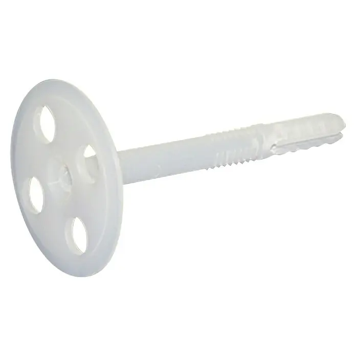 Dübel - 100 Stk., 8 x 5,3 cm - Eine weiße Dämmstoffbefestigung mit großem Teller und Spreizdübel, ideal für die Anbringung von Dämmmaterial an Wänden.