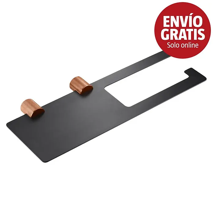 Bath Stage B-Luxor Portarollos de papel higiénico - Con repisa, Negro / Oro rosa - Organizador de metal negro con dos soportes texturizados color cobre y un gancho integrado.
