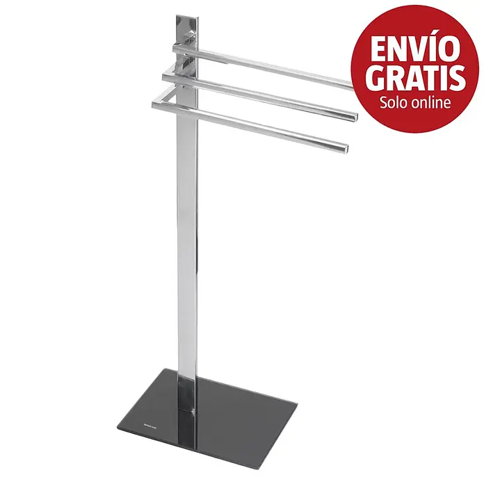 Bath Stage Toallero de barra B-471 - L x An x Al: 21 x 42 x 80 cm, Metal, Cromo y negro - Toallero de pie cromado con tres brazos giratorios y base de cristal negro.