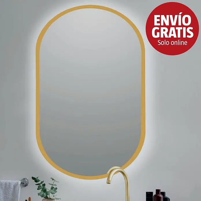 Bath Stage Espejo con luz B-950 - 50 x 90 cm, Oro, Ovalada - Espejo de baño ovalado con marco dorado e iluminación LED, sobre un grifo dorado.