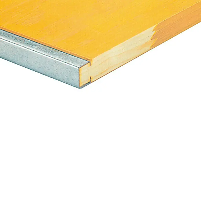 Mehrzwecktafel - 200 x 50 x 2 cm, Fichte - Nahaufnahme einer Tischkante mit einer Metallschiene, die für zusätzliche Stabilität oder Schutz sorgt. Die Holzplatte ist gelb gestrichen und weist eine Nut auf.