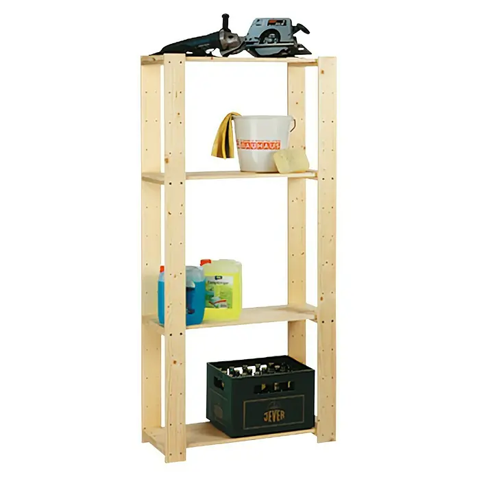 Regalux Regalsystem Heavy Estantería de madera - Al x An x Pr: 174 x 80 x 31,6 cm, Capacidad de carga por balda: 75 kg, Número de baldas: 4 ud., Atornillado, Natural - Foto del producto: Una estantería de madera con cuatro niveles llena de herramientas y productos de limpieza.