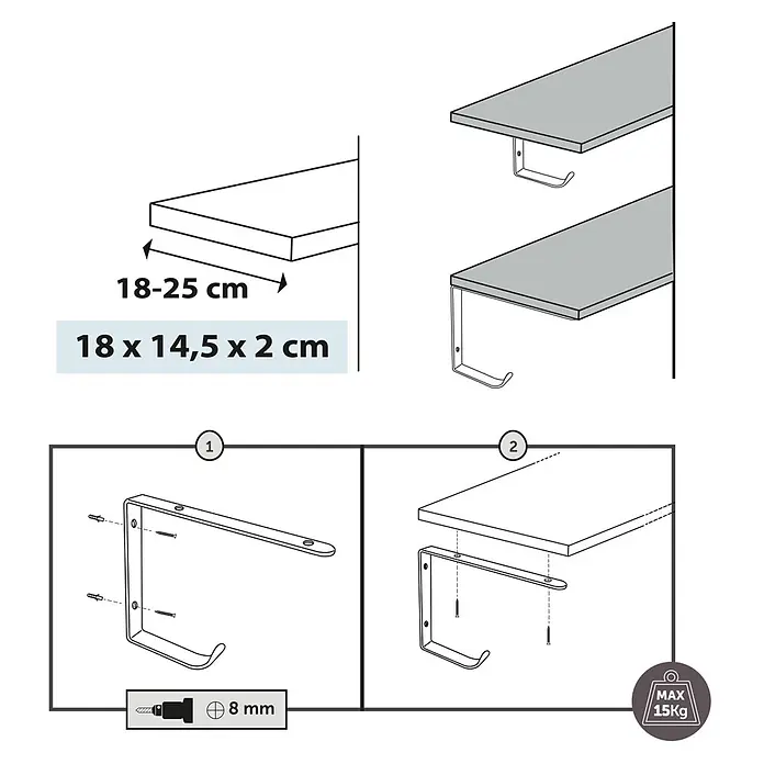 Rei Regalhalter - L x B x H: 180 x 145 x 20 mm, Weiß, Belastbarkeit: 15 kg - Metallregalhalterung mit Haken, Installationsanleitung für 18-25cm tiefe Regale, max. 15kg Traglast, 8mm Bohrer benötigt.