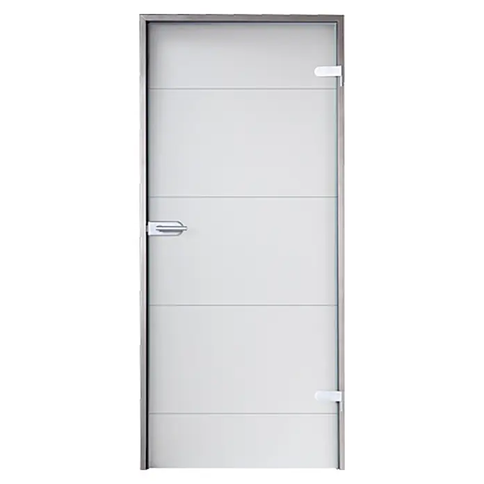 Diamond Doors Glasdrehtür Lines Positiv - 834 x 1.972 mm, DIN Rechts, Einscheibensicherheitsglas (ESG), Studio 2-teilig - Moderne weiße Zimmertür mit horizontalen Zierlinien und schlichtem Griff. Die Tür hat einen silbernen Rahmen.