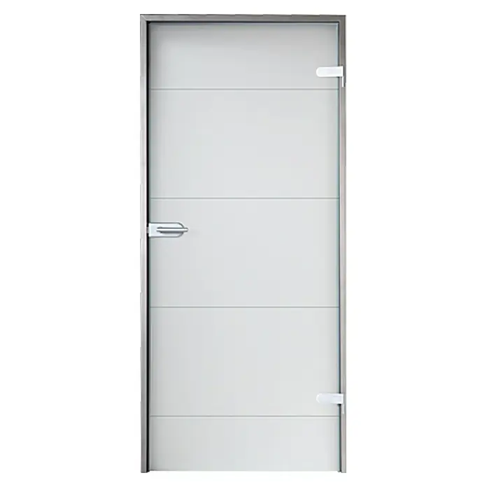 Diamond Doors Glasdrehtür Lines Positiv - 834 x 1.972 mm, DIN Rechts, Einscheibensicherheitsglas (ESG), Studio 2-teilig - Moderne weiße Zimmertür mit horizontalen Zierlinien und schlichtem Griff. Die Tür hat einen silbernen Rahmen.