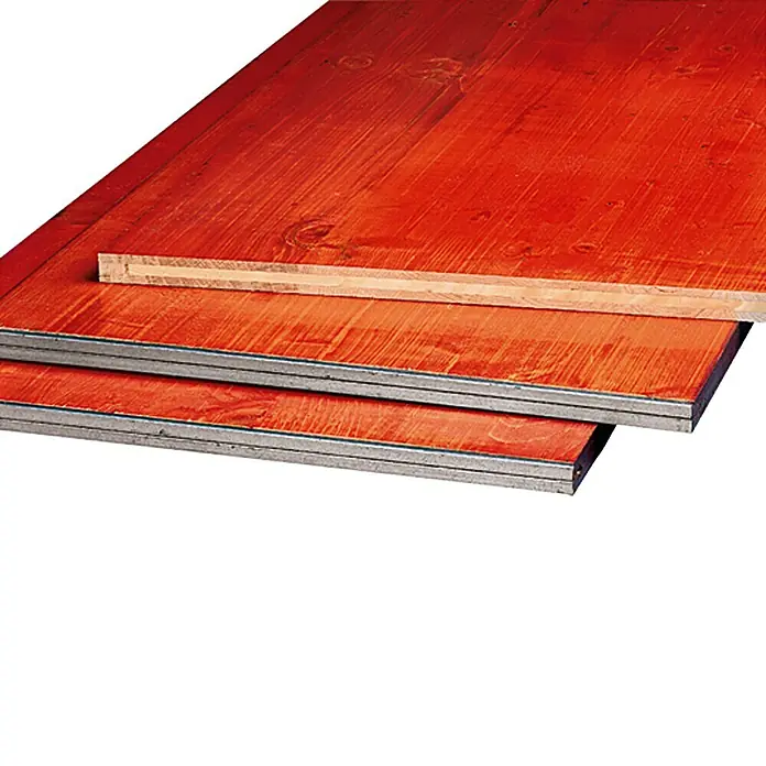 3-Schicht-Schaltafel - 200 x 50 x 2,1 cm, Fichte, Rot - Mehrere rote Holzpaneele liegen übereinander gestapelt. Das Holz hat eine schöne Maserung.