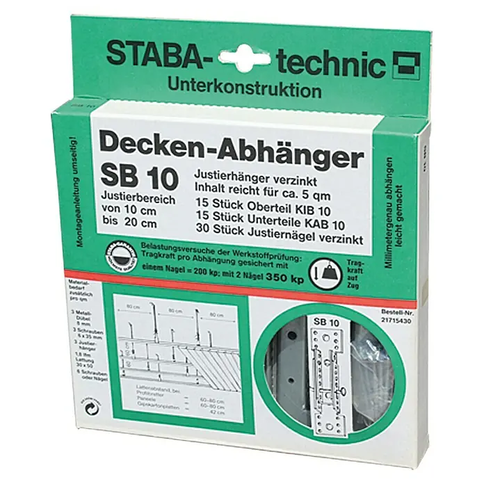 Staba Direktabhänger SB 10 - 15 Stk., Verstellbar: 10 Zentimeter (cm), 20 Zentimeter (cm) - Packung STABA-technic Decken-Abhänger SB 10 zur Unterkonstruktion, verzinkt für Justierbereich 10-20 cm, mit Montageanleitung und Millimetergenauer Abhängung.