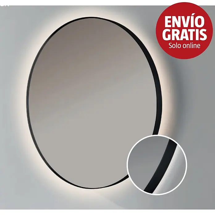 Bath Stage Espejo con luz B-960 - Diámetro: 60 cm, Negro, Blanco frío - Espejo de forma irregular con marco negro e iluminación LED trasera cálida.