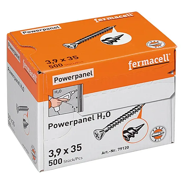 Fermacell Powerpanel H2O Schrauben - Durchmesser Kopf: 3,9 mm, Länge: 35 mm, 500 Stk. - Packung Fermacell Powerpanel H₂O Schrauben, 3,9 x 35 mm, 500 Stück. Ideal für sichere und wasserfeste Verbindungen im Innenausbau.