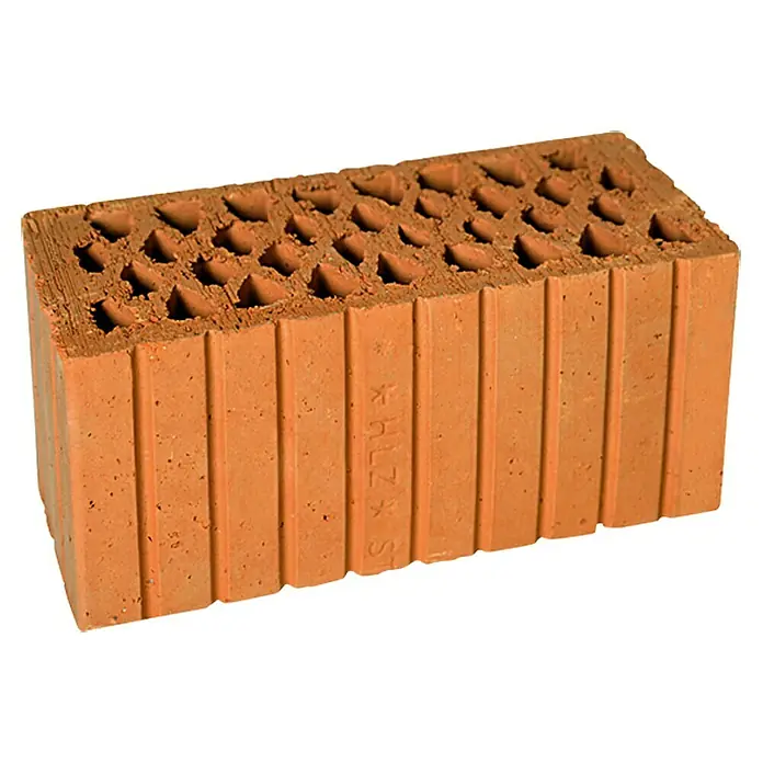 Porotonstein 2DF - 24 x 11,5 x 11,3 cm - Detailaufnahme eines perforierten roten Ziegels mit dem Aufdruck *HLZ* ST, ideal für Bauprojekte und Mauerarbeiten.