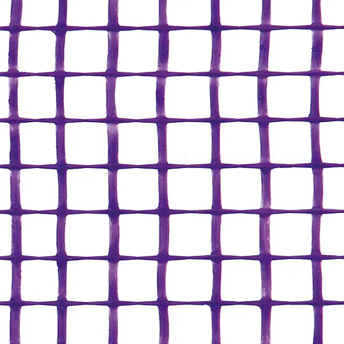 Catnic Universal-Putzgewebe - 50 x 1 m, Violett - Nahaufnahme eines lila, quadratischen Gitternetzes auf weißem Grund, ideal für Textilien, Bastelarbeiten oder Hintergründe.