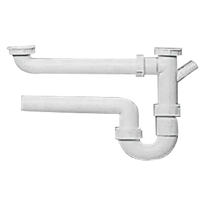 Doppelspülensiphon - 1 ½″, DN 40, Kunststoff, Weiß - Nahaufnahme einer Spülbecken-Siphon-Garnitur aus Kunststoff, die typischerweise unter Waschbecken in Badezimmern und Küchen zu finden ist.