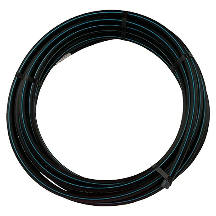HDPE-Rohr - Ø x L: 25 mm x 100 m - Eine Rolle schwarzes Polyethylenrohr mit blauen Streifen, zusammengehalten durch Kabelbinder, ideal für Bewässerungssysteme.