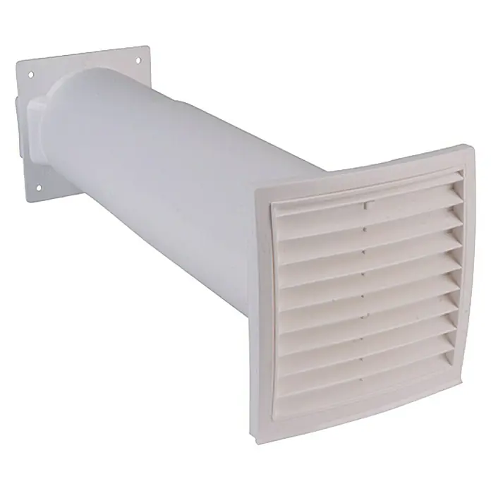 Air-Circle Teleskop-Mauerkasten - Maße Anschlussstutzen: 111 x 54 mm, Durchmesser: 100 mm, Verstellbereich: 27 cm - 48 cm, Max. Luftleistung: 300 m³/h - Weißer Dunstabzugshauben-Entlüftungsstutzen aus Kunststoff mit Lamellen zur Wandmontage.