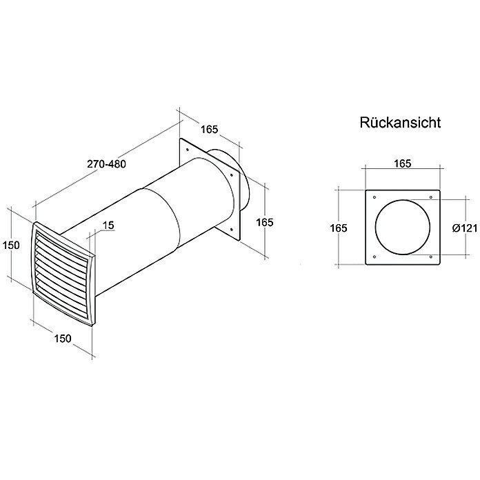 Air-Circle Teleskop-MauerkastenDurchmesser Anschlussstutzen: 125 mm, Verstellbar: 27 - 48 cm, Max. Luftleistung: 600 m³/h Left Side View