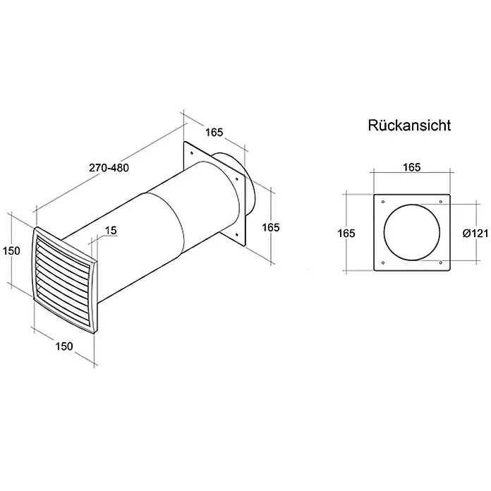 Air-Circle Teleskop-Mauerkasten - Durchmesser Anschlussstutzen: 125 mm, Verstellbereich: 27 cm - 48 cm, Max. Luftleistung: 600 m³/h - Abbildung einer Wanddurchführung mit den Maßen 150 x 150 mm und einer variablen Länge von 270 bis 480 mm.