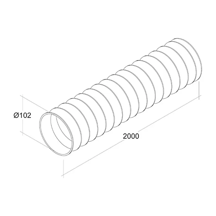 Air-Circle PVC-Schlauch - Ø x L: 100 mm x 2 m, Max. Luftleistung: 300 m³/h - Produktbild: Ein flexibler, gewellter Schlauch mit den Maßen Ø102 und einer Länge von 2000. Ideal für vielseitige Anwendungen.