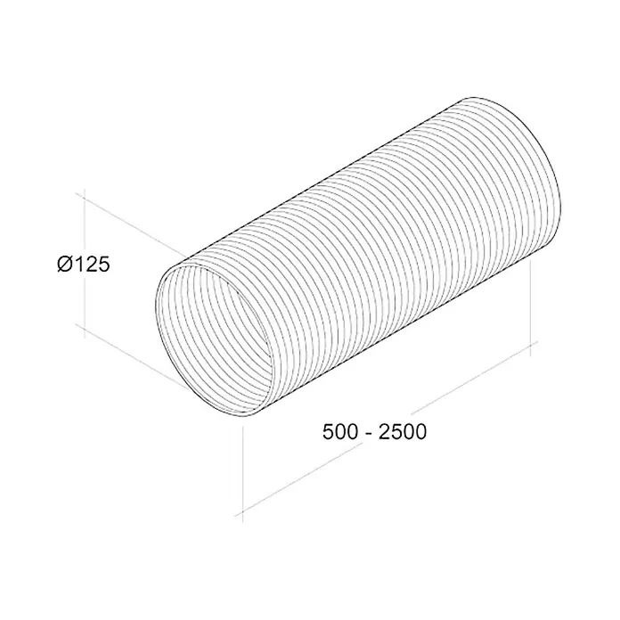 Air-Circle Flexrohr - Aluminium, Ø x L: 125 mm x 2,5 m, Max. Luftleistung: 600 m³/h - Eine Draufsicht auf ein flexibles Rohr, das für Belüftungszwecke verwendet wird. Durchmesser: 125 mm, Länge: 500–2500 mm.