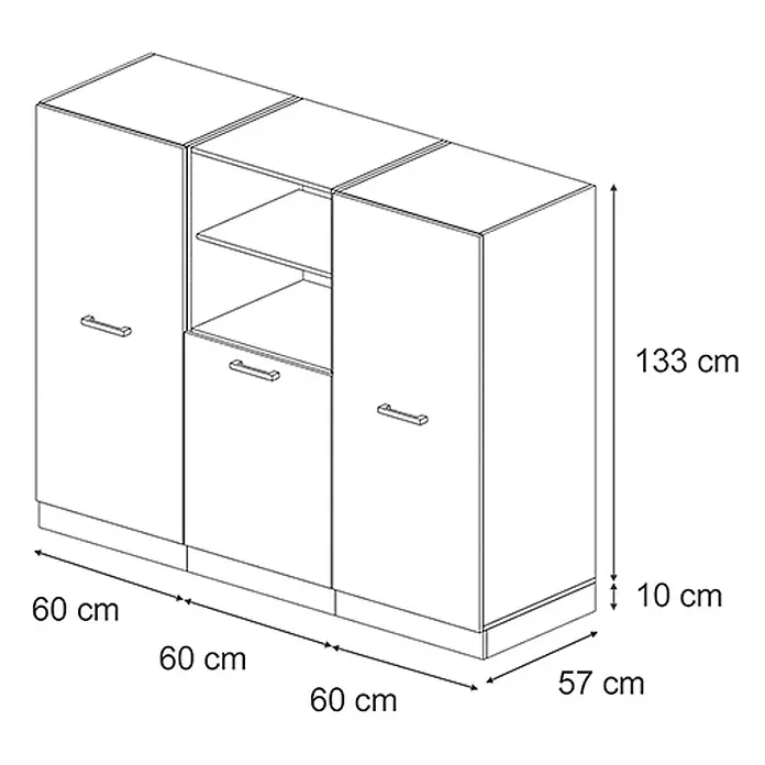 Küchenblock R-Line 180 cm Mint Landhaus Art.-Nr. 70946 -  - Schema eines dreiteiligen Schranks, 180x57x133 cm, mit Türen, offenen Fächern und einer Schublade.