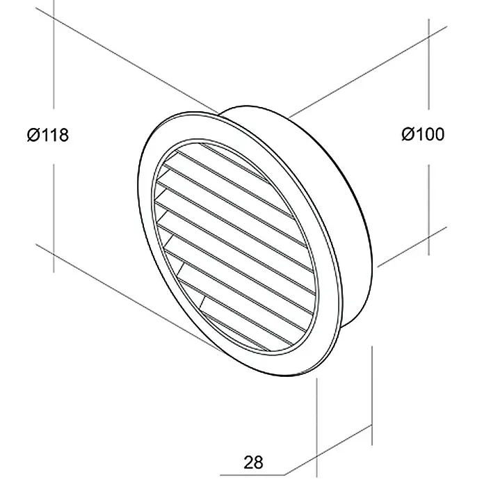 Air-Circle Mauerlüfter - Braun, Durchmesser Anschlussstutzen: 100 mm, Mit Fliegennetz - Isometrische Ansicht eines runden Luftauslasses mit Lamellen und Maßangaben für Durchmesser und Tiefe.