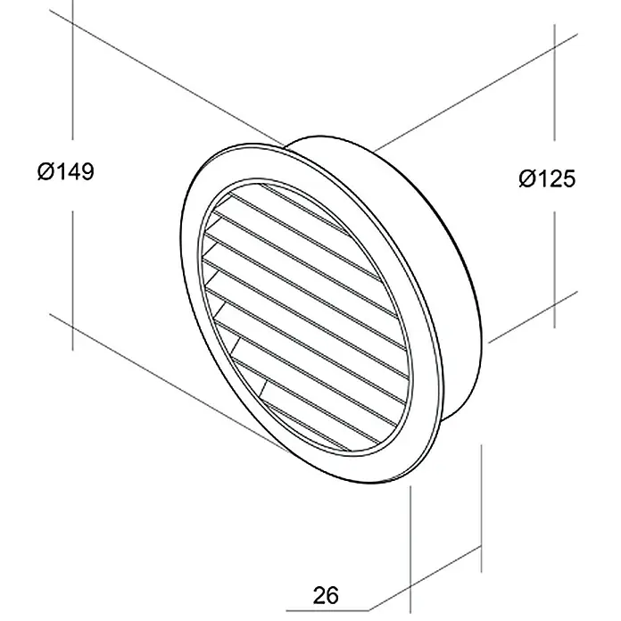 Air-Circle Mauerlüfter - Weiß, Durchmesser Anschlussstutzen: 125 mm, Mit Fliegennetz - Abbildung eines runden Lüftungsgitters mit den Maßen Ø149, Ø125 und einer Tiefe von 26. Das Gitter besteht aus horizontalen Lamellen.