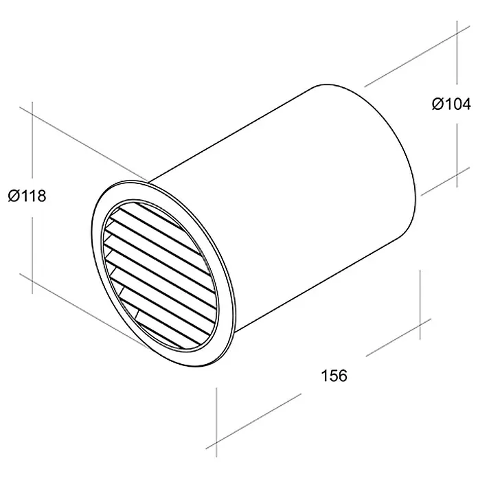Air-Circle Mauerlüfter - Grau, Durchmesser Anschlussstutzen: 100 mm, Mit Stutzen - Abbildung eines zylindrischen Lüftungsgitters mit Maßangaben. Das Gitter hat einen Durchmesser von 118 mm und eine Länge von 156 mm.