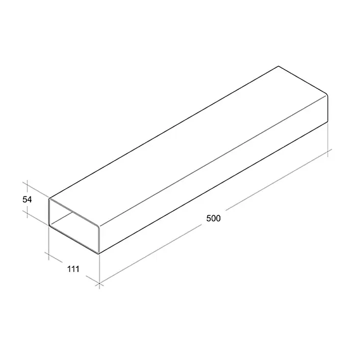 Air-Circle Flachkanal - 50 x 11,1 x 5,4 cm, Max. Luftleistung: 300 m³/h - Perspektivische Darstellung eines rechteckigen Hohlprofils mit den Maßen 54 x 111 x 500.