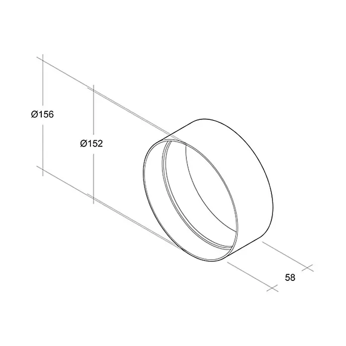 Air-Circle Rundrohr-Außenverbinder - Durchmesser: 150 mm, Weiß - Bild einer zylindrischen Leuchte mit den Maßen Ø156, Ø152 und einer Tiefe von 58, dargestellt in einer technischen Zeichnung.