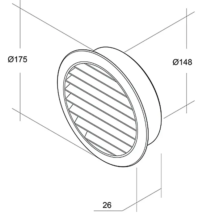 Air-Circle Mauerlüfter - Weiß, Durchmesser Anschlussstutzen: 150 mm, Mit Fliegennetz - Zeichnung eines runden Lüftungsgitters mit Maßen. Ideal für technische Dokumentationen und Produktbeschreibungen im Bereich Lüftungstechnik.