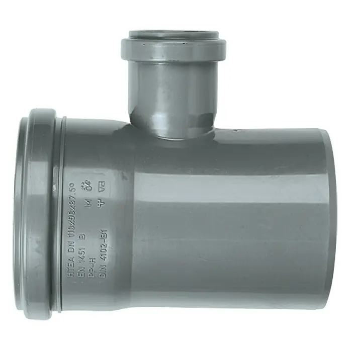 HT-Abzweig - DN 110/50, 87 ° - Graues HTEA DN 110x50x87.5° HT-Abzweigrohr aus Polypropylen (PP-H) nach DIN 4102-B1 für Abwasserleitungen.