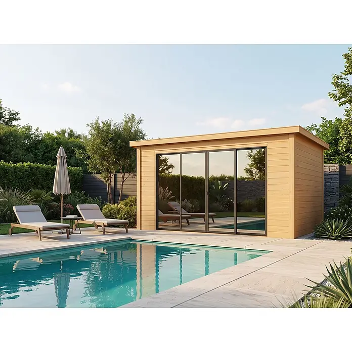 Fjordholz Gartenhaus   IsoSlide 2, 12.80  m²,  Spiegelglas, Grau -  - Modernes Gartenhaus aus Holz mit schwarzen Glasschiebetüren, am Schwimmbecken.