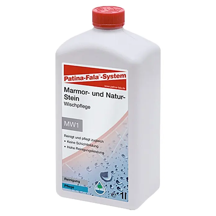 Patina-Fala Naturstein-Wischpflege - 1 l - Eine Flasche Patina-Fala-System Marmor- und Naturstein Wischpflege MW1 mit rotem Deckel.