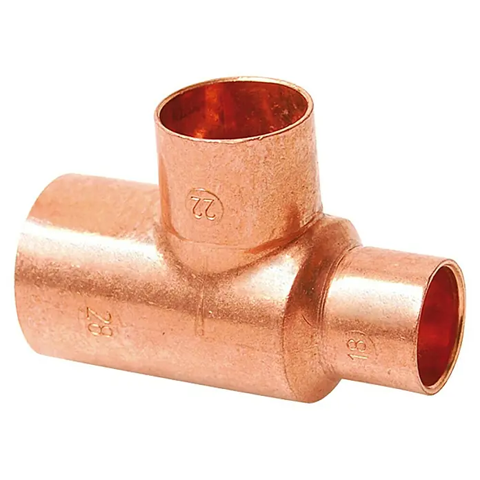 Kupfer-Reduzier-T-Stück 5130 - Durchmesser: 28 mm, 28 x 22x 28 mm - Kupferfitting T-Stück, ideal für Sanitär- und Heizungsinstallationen, mit den Größen 28, 22 und 18 mm für eine einfache Installation.