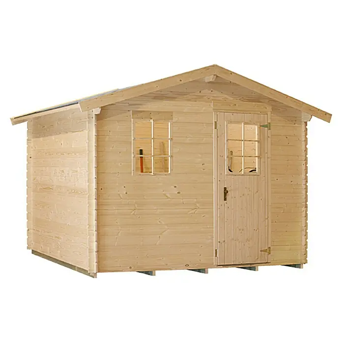Kiehnholz Gartenhaus Kopenhagen 4 - Außenmaß inkl. Dachüberstand (B x T): 310 x 293 cm, Holz, Natur - Ein helles Holzgartenhaus mit Fenster und Tür. Das Gartenhaus hat ein Satteldach und steht auf einem Fundament.