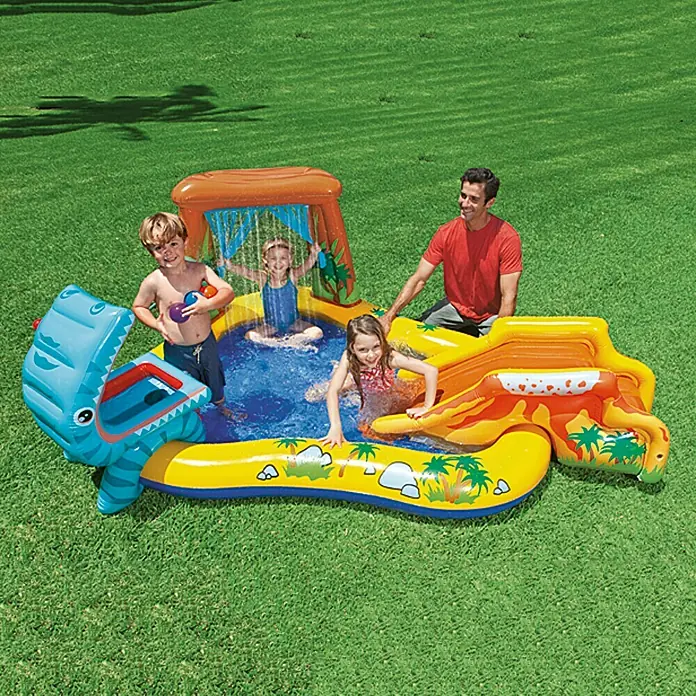 Intex Piscina hinchable - 249 cm, Capacidad volumétrica: 216 l - Aquí hay una piscina inflable con diseño de dino, tobogán y cascada para niños en el jardín.