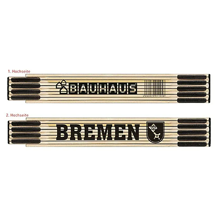 BAUHAUS Zollstock - Bremen, 2 m - Bild eines Zollstocks mit den Aufschriften "BAUHAUS" und "BREMEN", der ein nützliches Werkzeug für präzise Messungen darstellt.