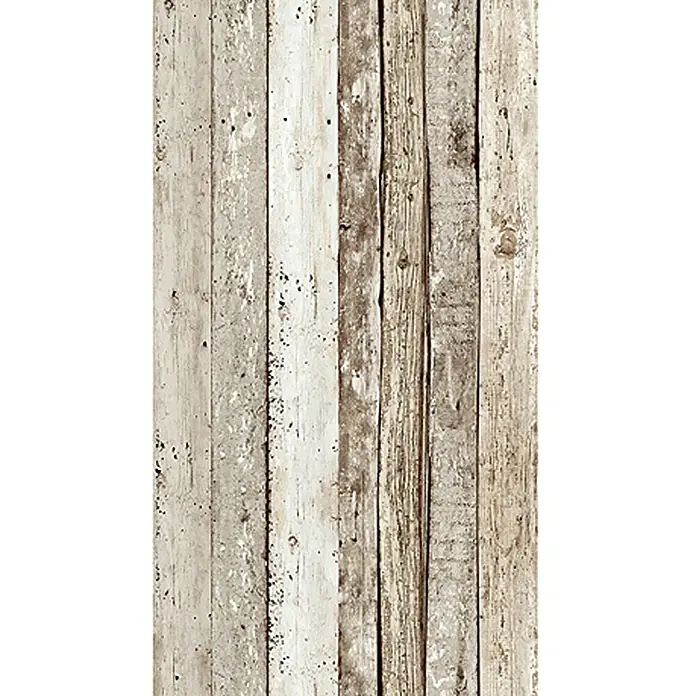 A.S. Création Designpanel pop.up - Bretter, Beige/Braun, 35 cm x 2,5 m - Eine Nahaufnahme von verwitterten, hellen Holzplanken, die eine rustikale und natürliche Textur für Hintergründe oder Designelemente bieten.