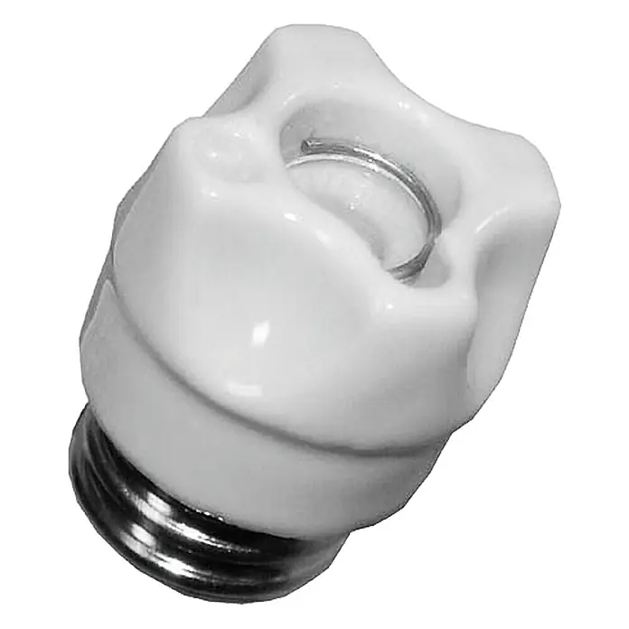 ASS Diazed-Schraubkappen - 500 V, E27, DII - Nahaufnahme einer alten Schraubsicherung mit weißem Keramikgehäuse und Metallsockel, ein typisches Bauelement für ältere Elektroinstallationen.
