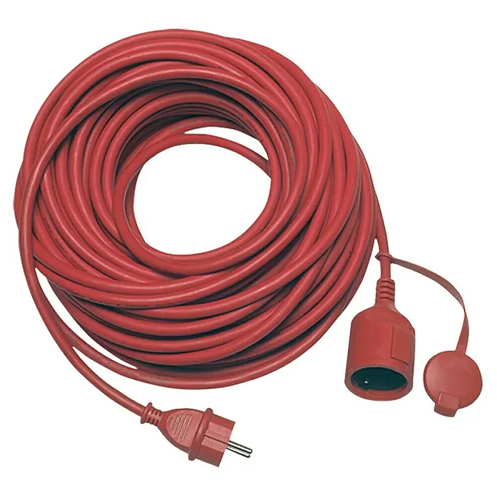 Verlängerungskabel - 25 m, Rot, IP44, H05RR-F - Rotes Verlängerungskabel mit Schutzkontaktstecker und Kupplung, aufgerollt. Ideal für den Einsatz im Freien und Baustellen.