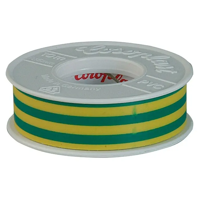 Coroplast Cinta aislante - Verde/Amarillo, 10 m x 15 mm x 0,15 mm - Primer plano de un rollo de cinta aislante verde y amarilla sobre una bobina gris. La cinta es una herramienta esencial para instalaciones eléctricas.