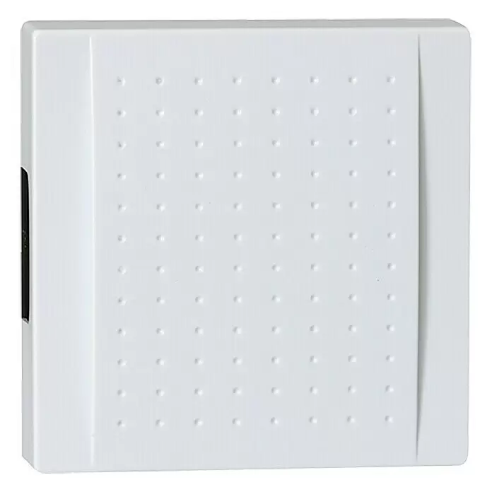 REV Gong Gobi - 118 x 117 x 45 mm, Kunststoff, Weiß - Weißer rechteckiger Innengong mit gepunkteter Strukturfront und dunklem Seitenschlitz.