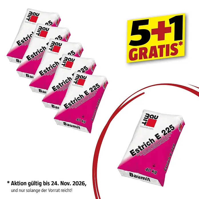 Baumit Estrich E 225 - 40 kg - Sechs weiße Baumit Estrich E 225 Säcke (40 kg) mit rosa Aufdruck, beworben mit einem 5+1 Gratis-Angebot für Estrich.