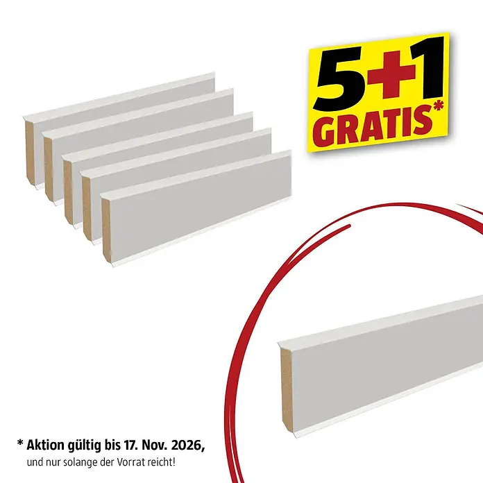 Sockelleiste - 240 cm x 60 mm x 13 mm, MDF + PP - Sechs weiße/hellgraue Sockelleisten mit sichtbarem MDF-Kern, gestapelt und einzeln gezeigt, betonen ein 5+1 Gratis-Angebot.